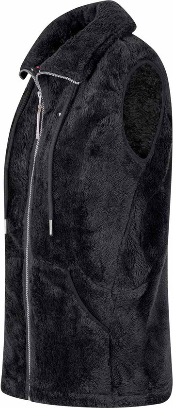 Zwarte fleece bodywarmer voor dames, met capuchon en rits.