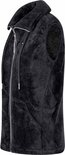 Zwarte fleece bodywarmer voor dames, met capuchon en rits.