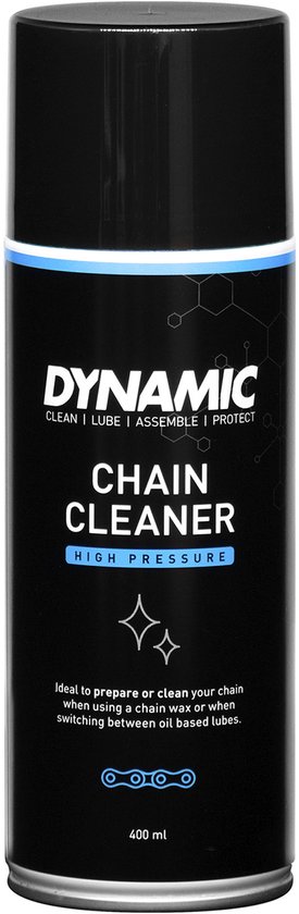 Dynamische kettingreiniger spray met blauwe en witte accenten.