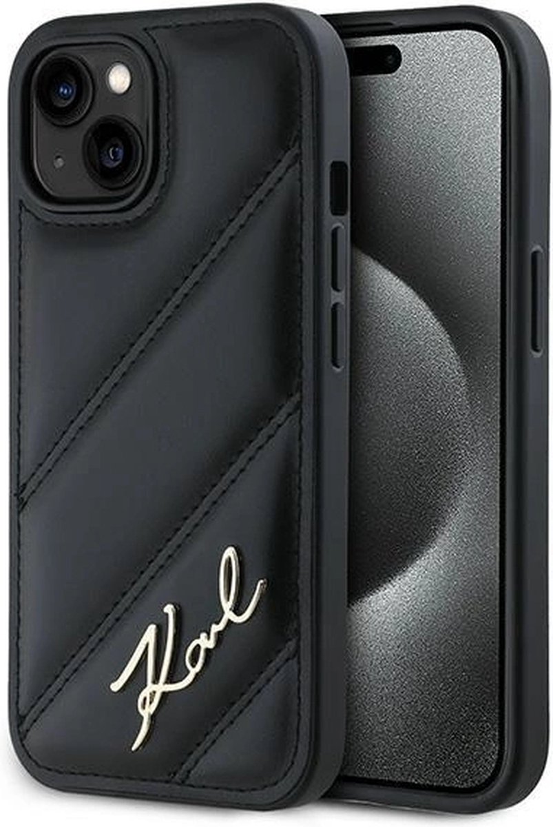 Karl Lagerfeld Diagonal Quilted Script hoesje voor iPhone 15 Plus / 14 Plus - zwart