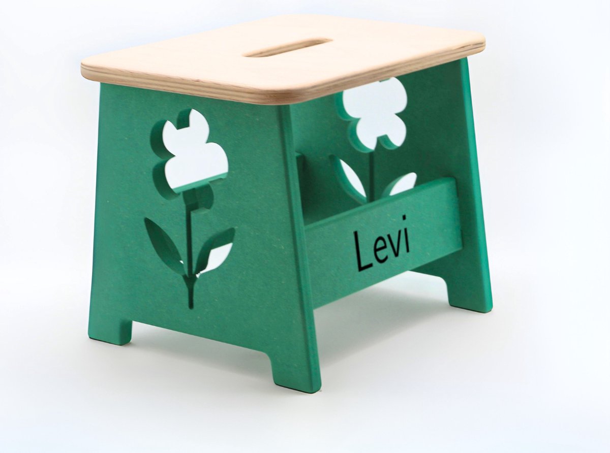 Houten kruk voor kinderen met eigen naam - Kinderkruk - Opstapje - Groen - Bloem - Gepersonaliseerd cadeau
