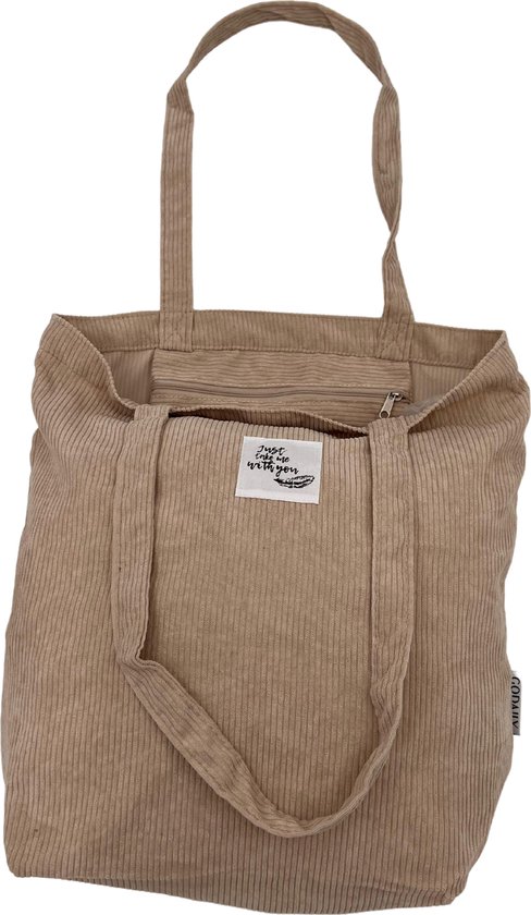 Foto: Godaily dames schoudertas tote bag ribstof zand kleur