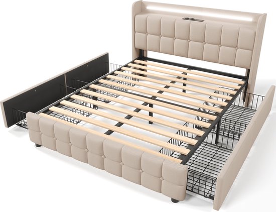 Merax Lit Double Queensize 160x200cm Comprenant Matras en Mousse Froide et 4 Tiroirs - Lit Rembourré avec Fonction de Chargement USB et LED- Siècle des Lumières - Beige