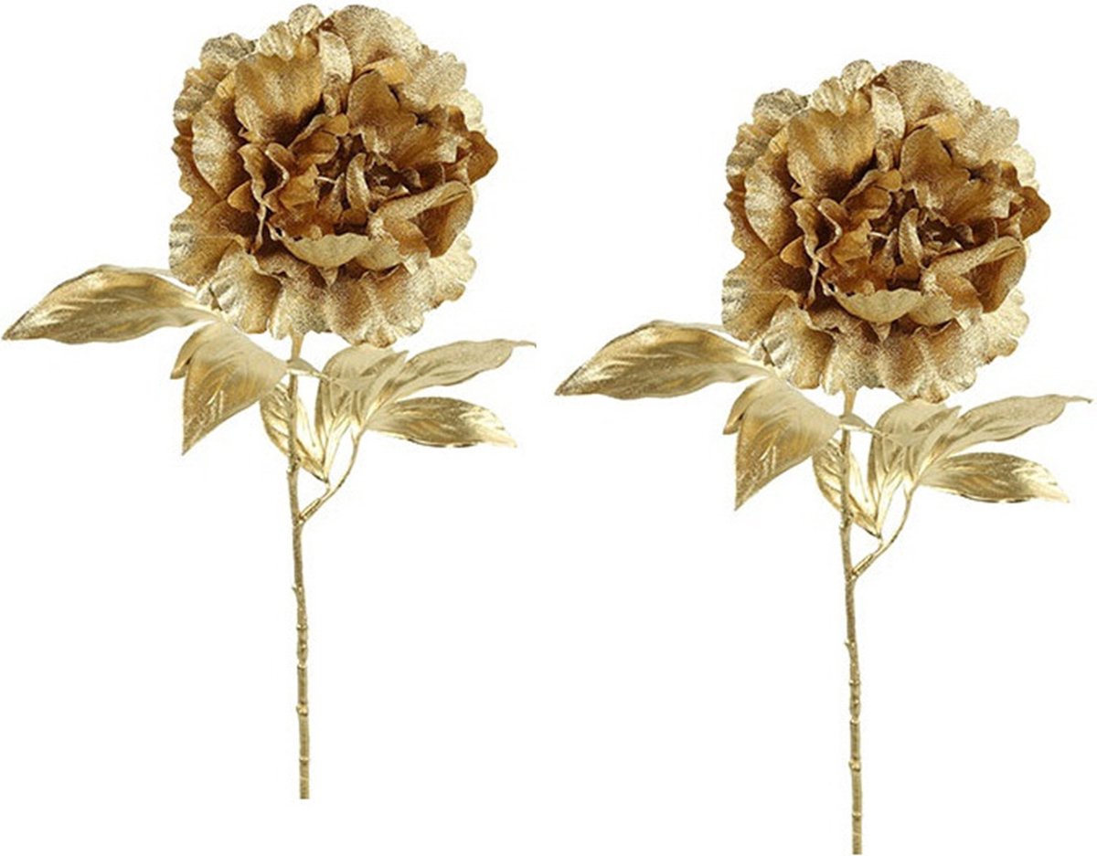 Countryfield kunsttakken/kunstbloemen - 2x - Pioenroos - metallic goud - H65 cm - polyester Goudkleurig
