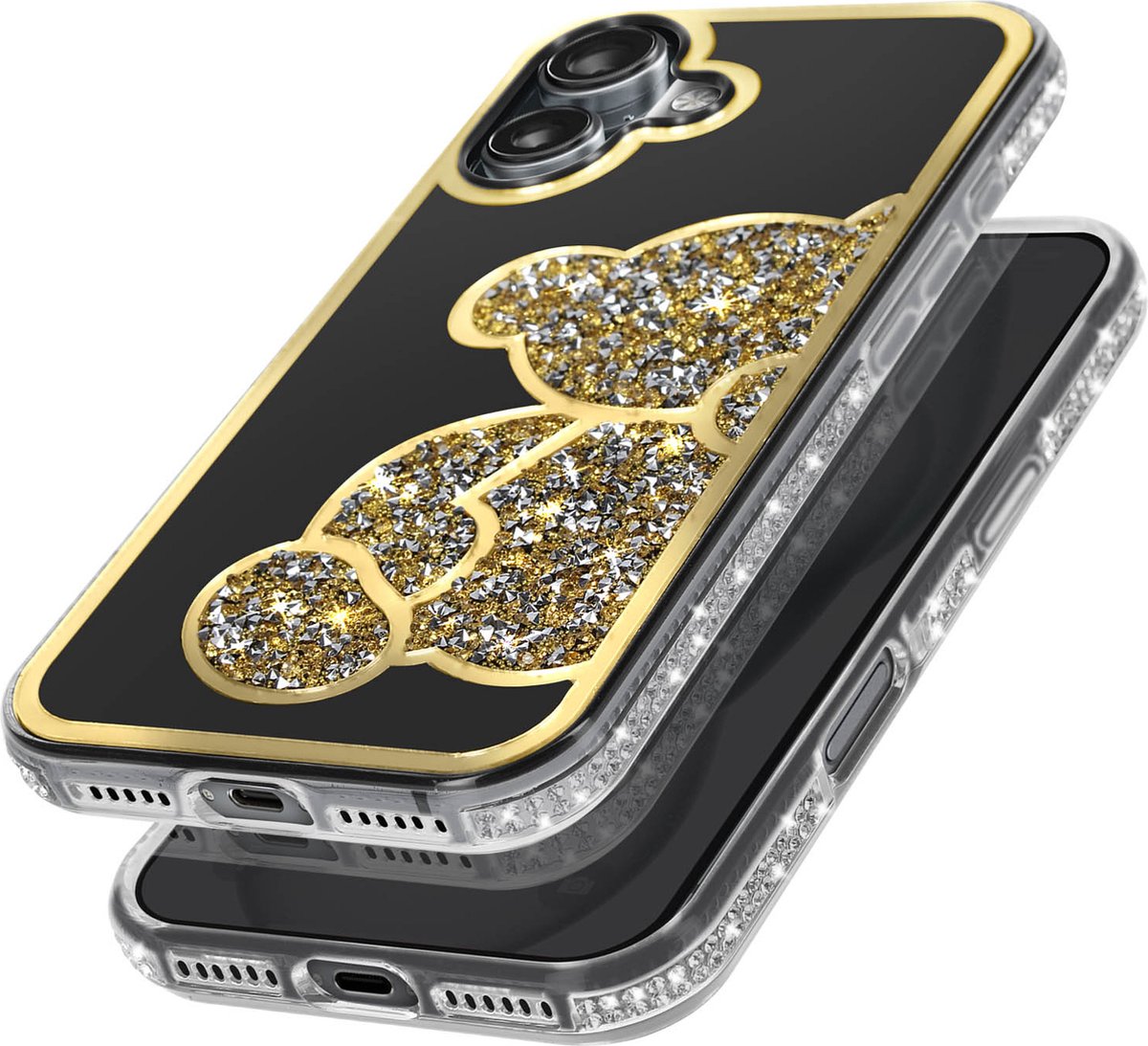 Avizar Glitter case Geschikt voor Apple iPhone 16 Motief Ourson met Strass, Goud