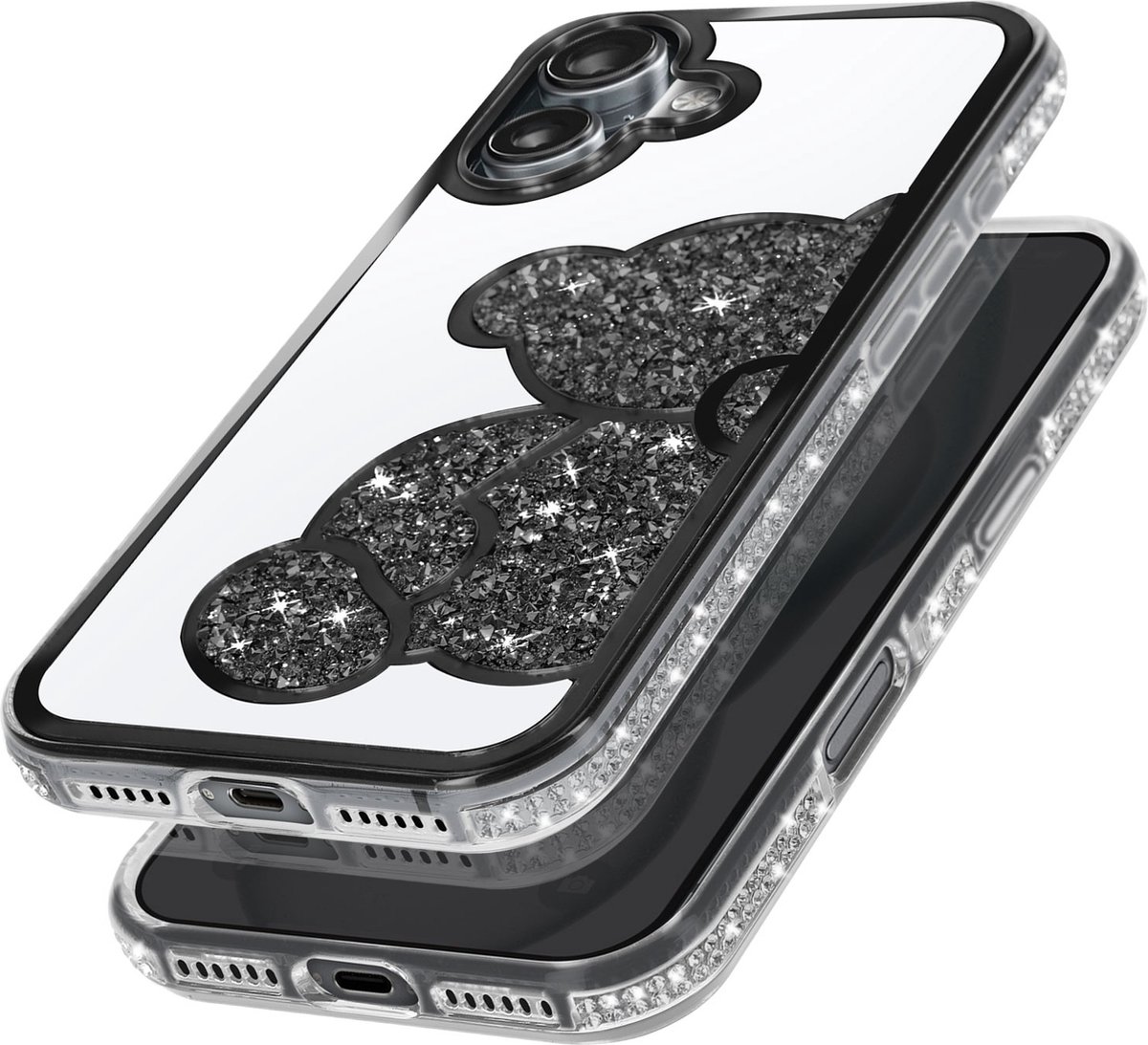 Avizar Glitter Case Geschikt voor Apple iPhone 16 Motief Ourson met Strass, Zwart