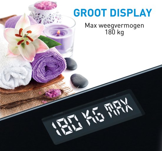 Zwarte digitale weegschaal met wellness-decoratie, groot display en 180kg max.