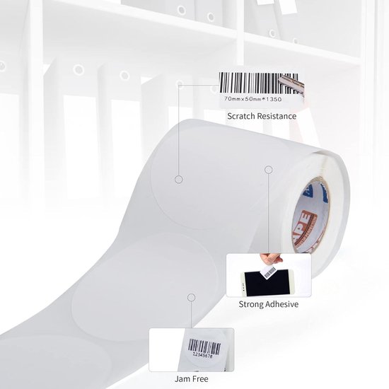 Etiketten voor labelprinters, thermische etiketten, 50 x 50 mm, waterdicht, oliedicht, 1 rol met 500 stickeretiketten (rond, transparant