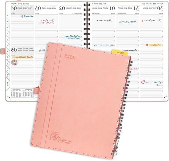 Foto: Weekplanner 2025 grote agenda 265 x 215 cm 12 maanden jan 2025 tot dec 2025 liniaal bladwijzer vegan lederen omslag 100 gsm papier roze