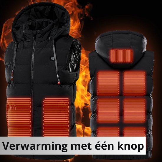 Gilet noir à capuche avec zones chauffantes. "Chauffage à un bouton".