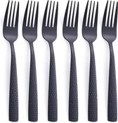 Mat zwart diner vorkset roestvrij staal, 6-delig, 20,3 cm, zwart bestek, gehamerde metalen vork, gesatineerd oppervlak