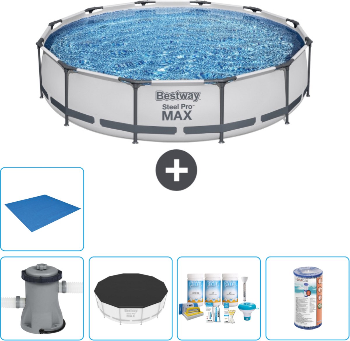 Bestway Rond Steel Pro MAX Zwembad – 366 x 76 cm – Grijs – Inclusief Pomp Afdekzeil – Onderhoudspakket – Filter – Grondzeil Bestway Rond Steel Pro MAX Zwembad – 366 x 76 cm – Grijs – Inclusief Pomp Afdekzeil – Onderhoudspakket – Filter – Grondzeil