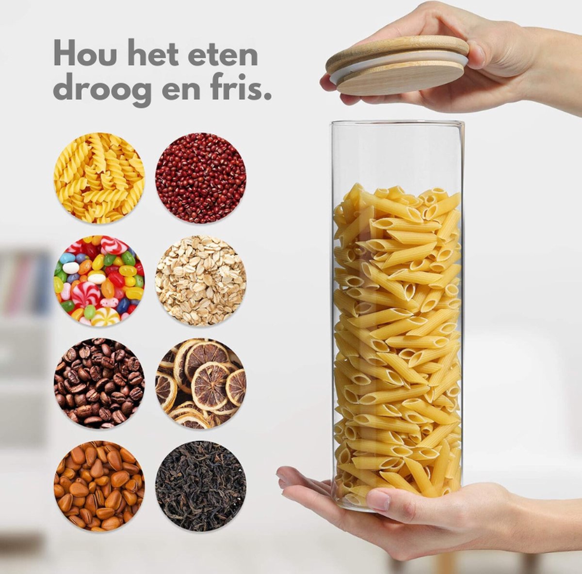 Voorraadpotten Glas met Deksel - Luchtdicht - Bambus deksel - Set van 3 Bewaar je voedsel, pasta en poeder op een stijlvolle en luchtdichte manier met deze glazen voorraadpotten. Met bamboe deksels en siliconen afdichtringen. — cadeau in Wonen & Interieur - foto 2