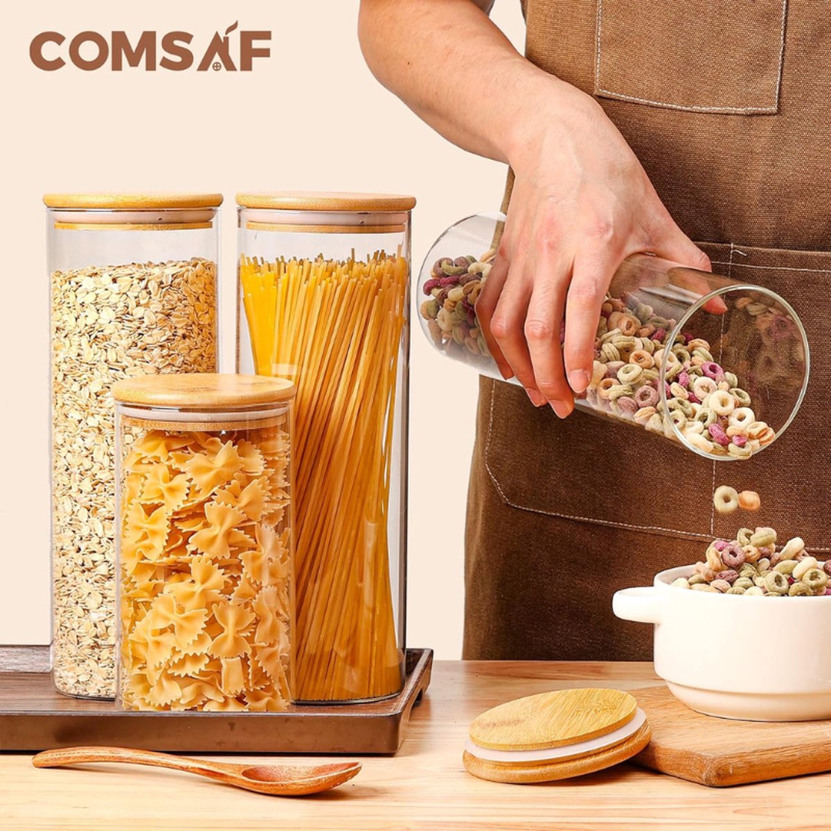 Voorraadpotten Glas met Deksel - Luchtdicht - Bambus deksel - Set van 3 Bewaar je voedsel, pasta en poeder op een stijlvolle en luchtdichte manier met deze glazen voorraadpotten. Met bamboe deksels en siliconen afdichtringen. — cadeau in Wonen & Interieur - foto 5