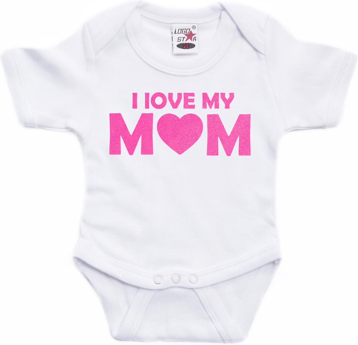 Bellatio Decorations Baby rompertje - i love my mom - roze - glitter - kraam cadeau 68