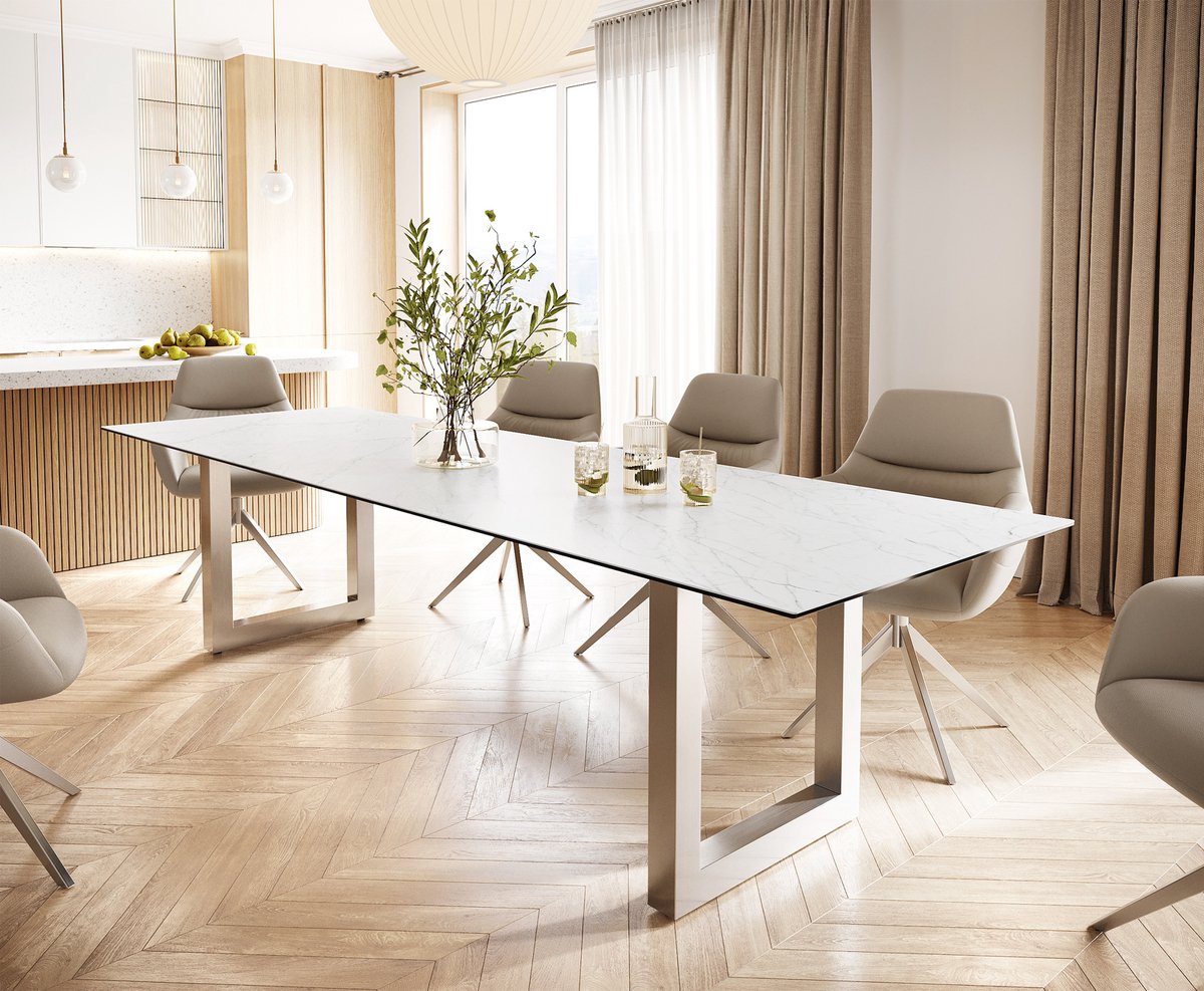Eettafel Edge keramiek Laminam® Statuarietto wit 300x100 roestvrij staal breed