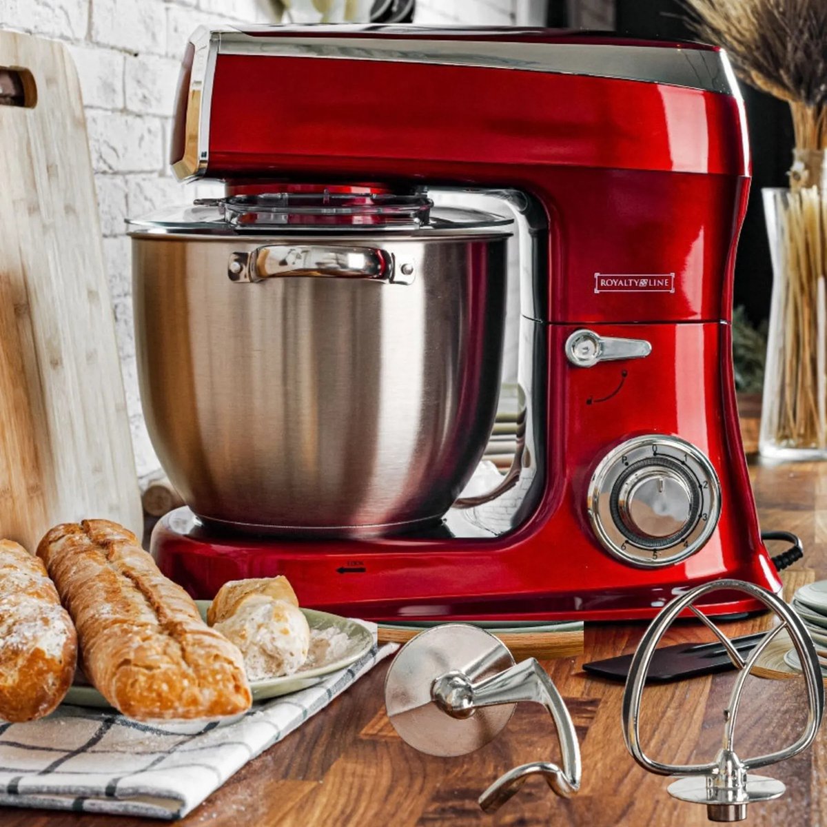 Royalty Line Keukenmachine - Keukenrobot - 2100W - Foodprocessor met 7 Snelheidsstanden + LED, incl. Garde / Kneedhaak / Mengarm en Blender, Met Spatscherm & RVS Mengkom Van 7.5 Liter - Rood — afbeelding 2