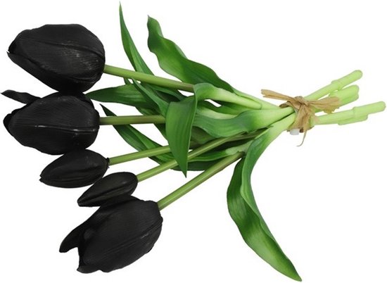 Countryfield Kunst tulpen boeket - 5x stuks - zwart - real touch - 28 cm - levensechte kunstbloemen