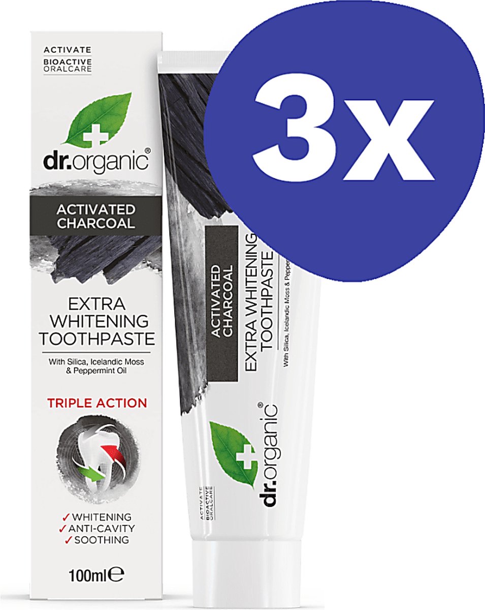 Goedkoopste Dr Organic Houtskool Extra Whitening Tandpasta (3x 100ml