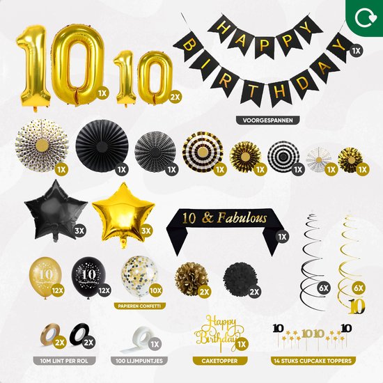 Fissaly 10 Jaar Verjaardag Decoratie Versiering - Ballonnen – Jongen & Meisje - Zwart en Goud