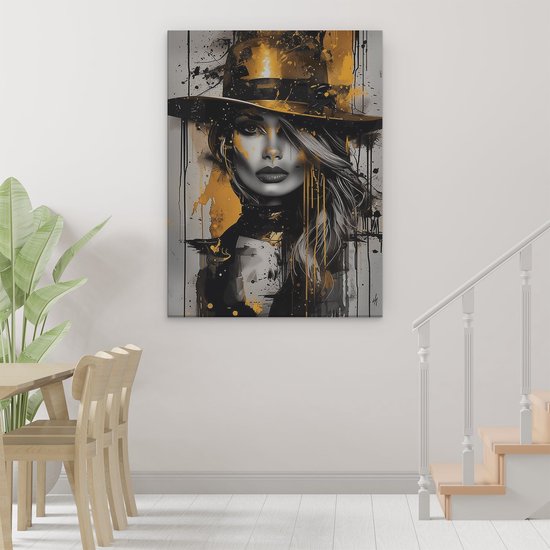 Artaza Canvas Schilderij Vrouw in een Hoed - 90x120 cm - Wanddecoratie Woonkamer - Schilderijen - Muurdecoratie