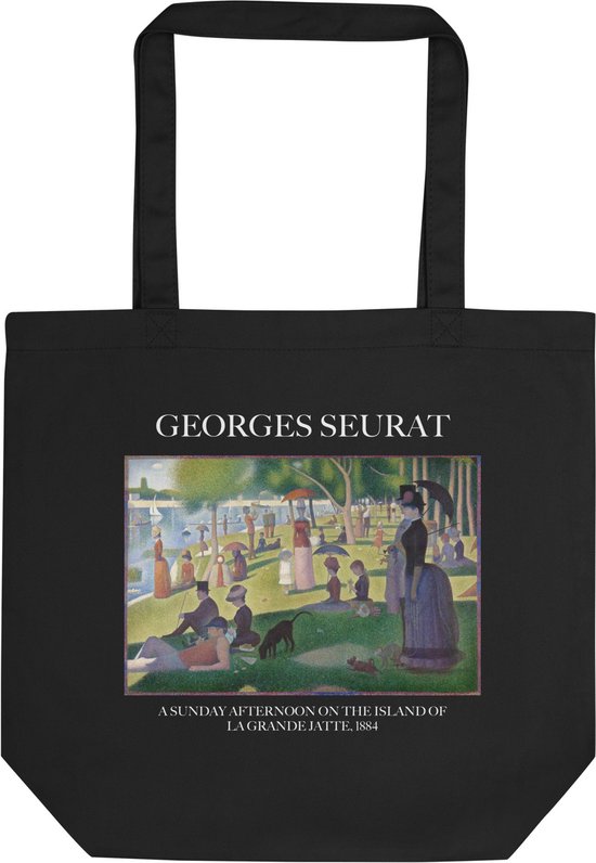 Georges Seurat 'Een zondagmiddag op het eiland La Grande Jatte' ("A Sunday Afternoon on the Island of La Grande Jatte") Beroemde Schilderij Tote Bag | 100% Katoenen Tas | Kunst Tote Bag | Zwart
