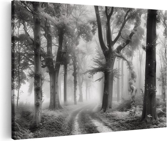 Artaza Canvas Schilderij Zwart Wit Beeld van een Mistig Bos - 90x60 - Wanddecoratie - Foto Op Canvas - Canvas Print