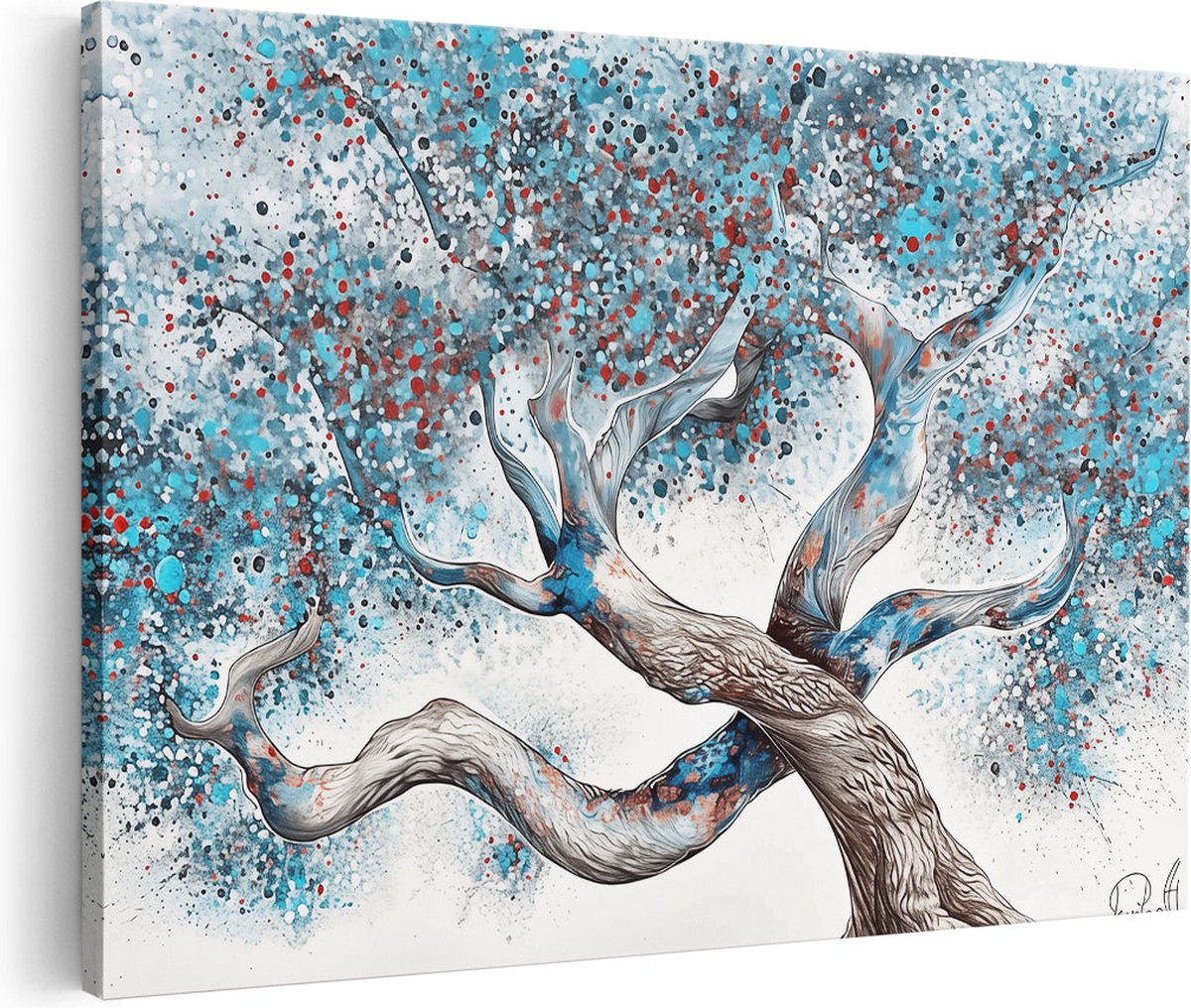 Artaza Canvas Schilderij Kunstwerk van een Boom met Blauwe en Rode Verf - 60x40 cm - Wanddecoratie Woonkamer - Schilderijen - Muurdecoratie