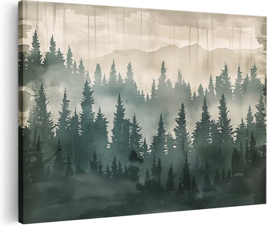Vue en perspective en gros plan d'une toile représentant un paysage forestier brumeux dans des tons verts et neutres.