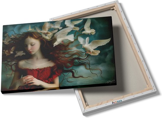 Artaza Peinture sur toile Fille avec une robe rouge et des colombes Witte - 120 x 80 - Groot - Photo sur toile - Impression sur toile