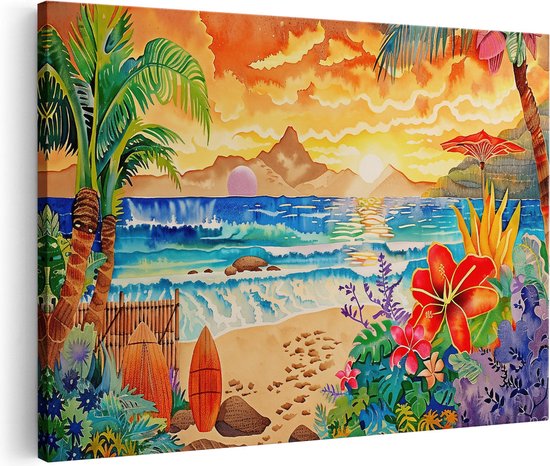 Artaza Canvas Schilderij Kunstwerk van een Tropisch Tafereel met Palmbomen en Surfplanken - 120x80 - Groot - Foto Op Canvas - Canvas Print