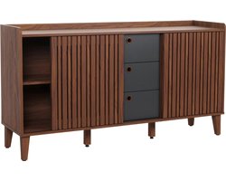 Dressoir MCW-M48, ladekast, opbergvak met schuifdeur, MDF 81x150x40cm ~ walnoot look, laden donkergrijs