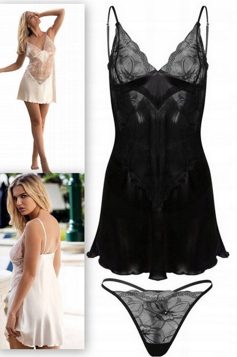 DKaren Jeniffer sexy satijn chemise - zwart - cadeau vrouw