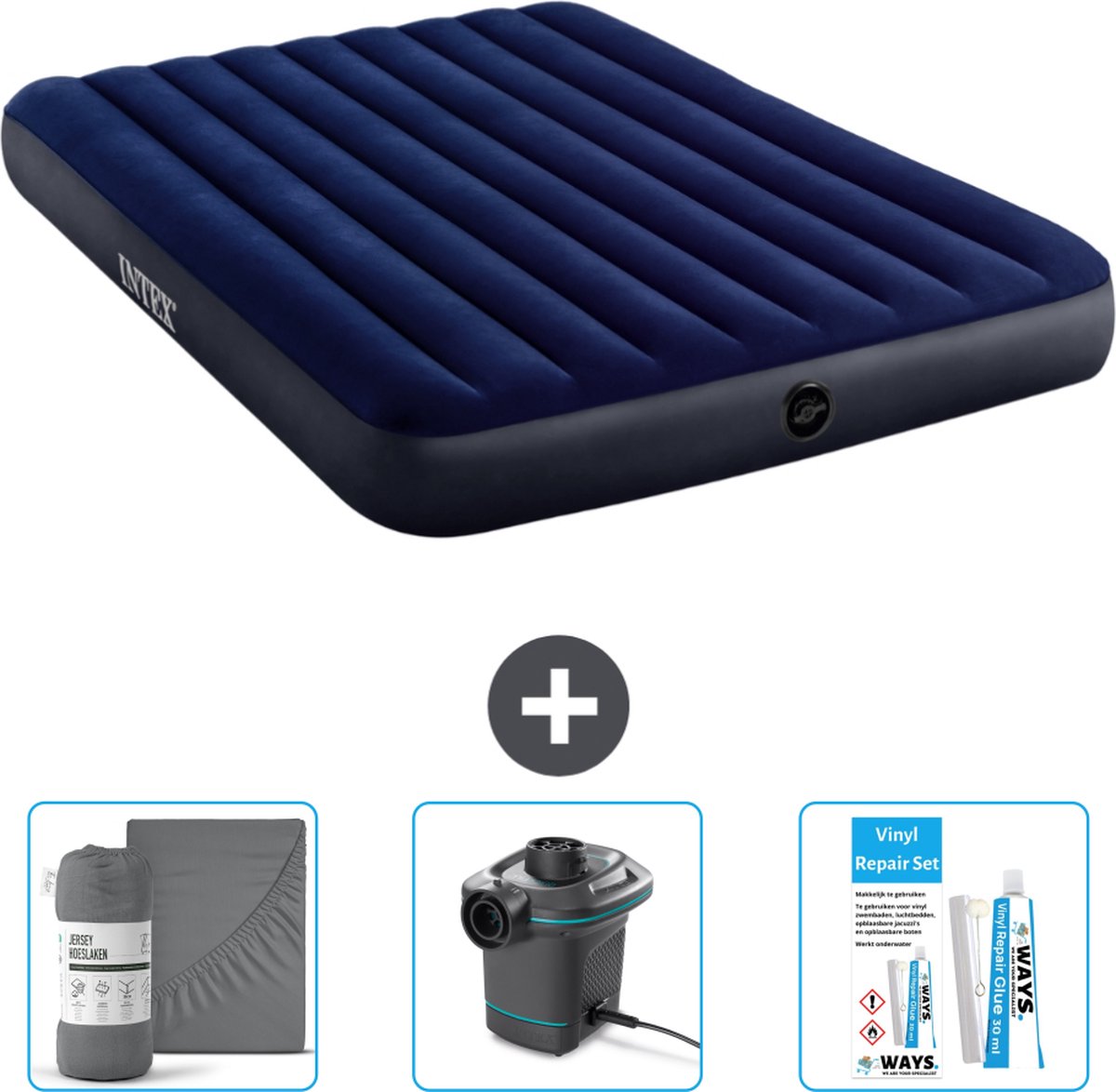 Intex Luchtbed - 2-Persoons - 152 x 203 x 25 cm cm - Blauw - Inclusief Hoeslaken - Pomp en Reparatieset