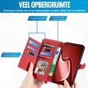 Rood telefoonhoesje met 7 kaarthouders, vak voor geld en ID-kaart, met fotolijstje.