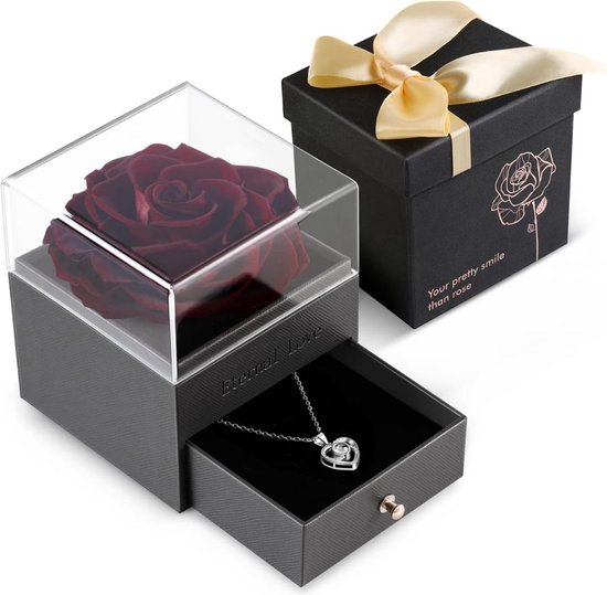 Coffret Rose Éternelle - Rose + Collier 'Je t'aime' - Bordeaux - Avec Coffret Cadeau - Romantique - Saint Valentin - Fête des Mères - Cadeau Perfect