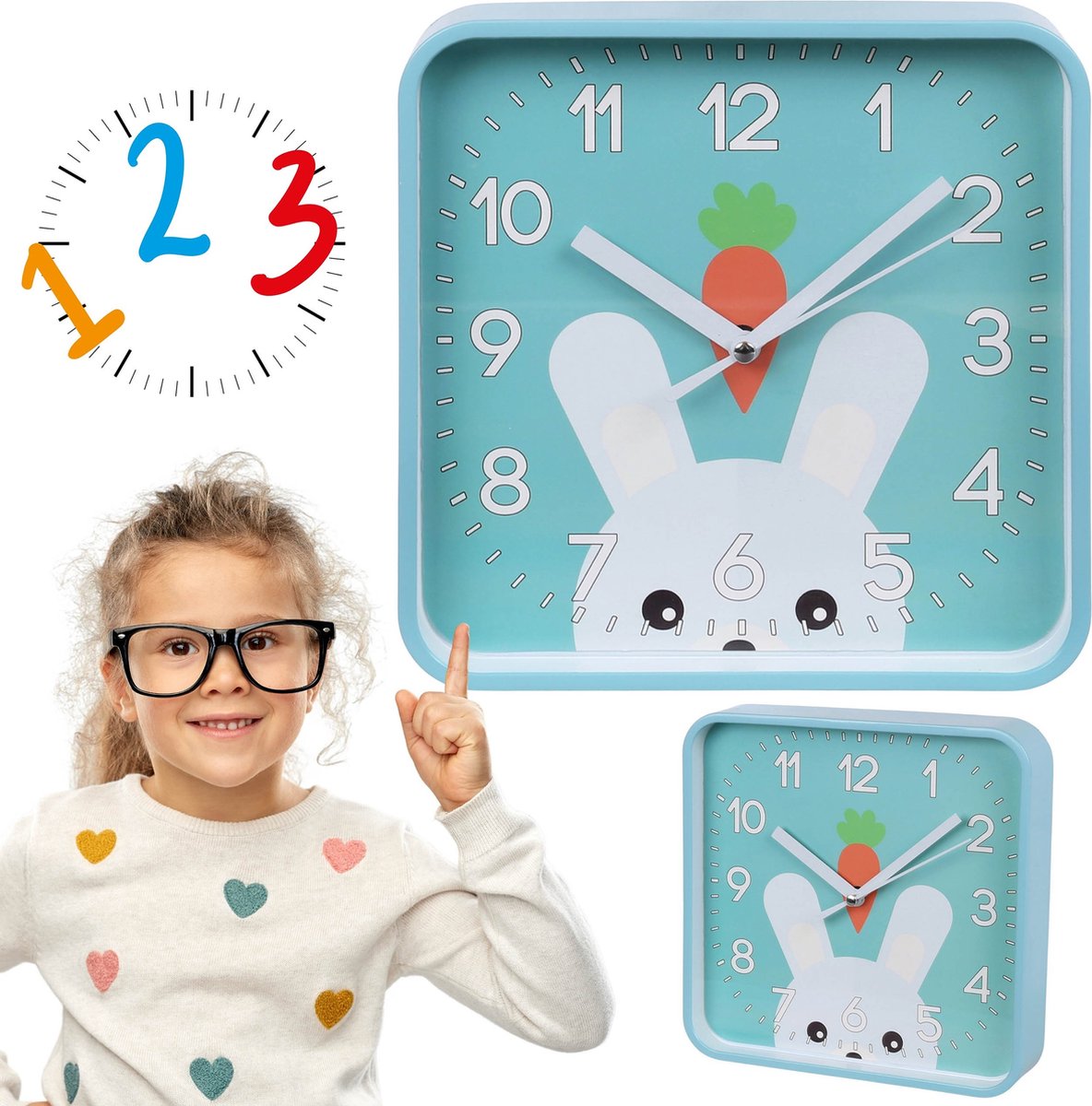 Konijn Wandklok, Vierkante Analoge Klok voor Kinderen 20,2x20,2 cm