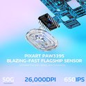 Close-up van de PixArt PAW3395 sensor van een gamingmuis met specificaties zoals 26.000 DPI.