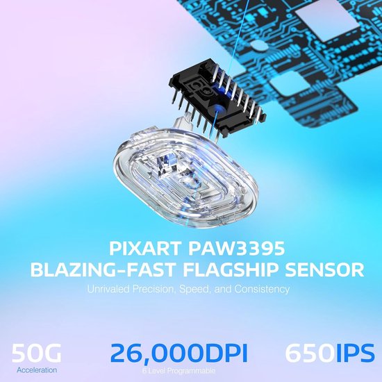 Close-up van de PixArt PAW3395 sensor van een gamingmuis met specificaties zoals 26.000 DPI.