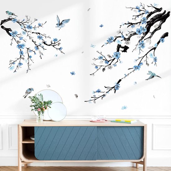 - Aquarel Bloem Boom Tak Muurstickers Bloesem Blauw Vogels- Peel en Stick Wall Art Decals voor Woonkamer Slaapkamer