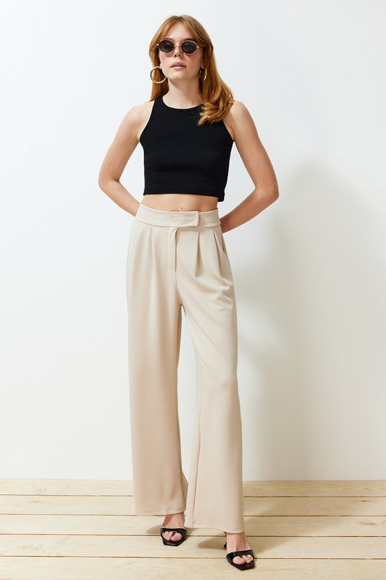 Trendyol Yunus Grijze Klittenbandsluiting, Hoge Taille, Geplooide Wijde Pijpen/Wijd Gesneden Gebreide Broek Twoaw24Pl00177