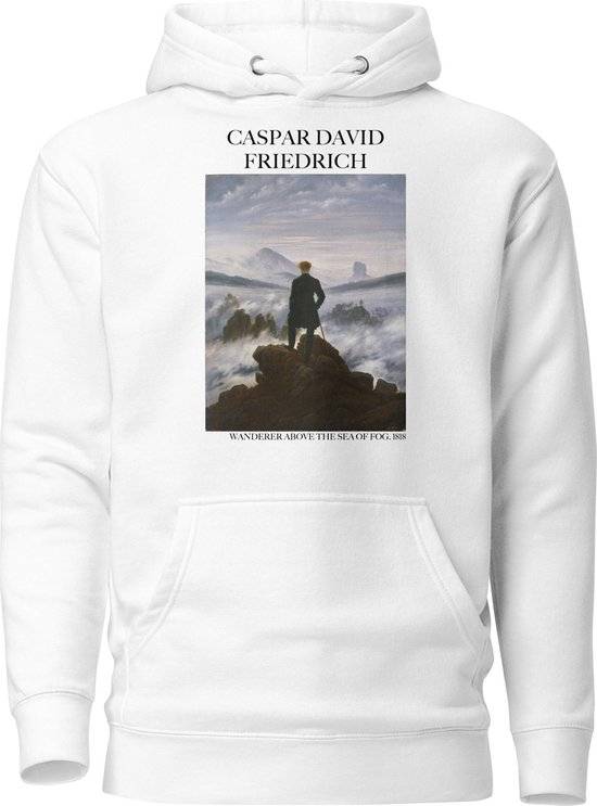 Caspar David Friedrich 'De Wandelaar boven de Nevelzee' ("Wanderer Above the Sea of Fog") Beroemd Schilderij Hoodie | Unisex Premium Kunst Hoodie | Wit | L
