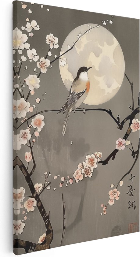 Artaza Canvas Schilderij Vogel Zat op een Tak met Bloesems - Foto Op Canvas - Canvas Print