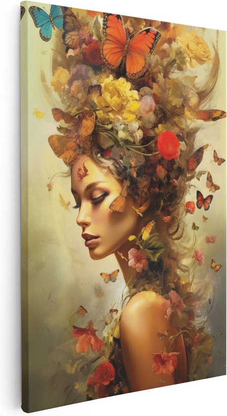 Artaza Canvas Schilderij Vrouw met Vlinders in haar Haar - 60x90 - Muurdecoratie - Foto Op Canvas - Canvas Print
