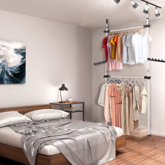 Armoire télescopique pour systèmes de vêtements, portant à vêtements avec barres transversales réglables en hauteur et en largeur pour chambre à coucher (2 barres)