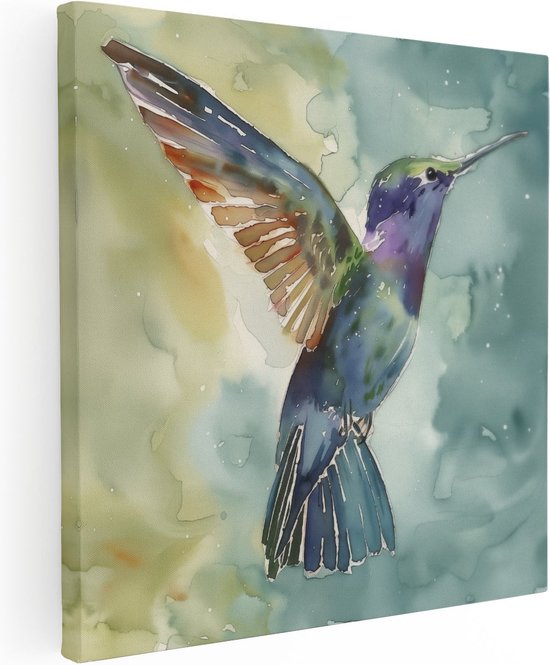 Artaza Canvas Schilderij Aquarelkunstwerk van een Kolibrie - 90x90 - Groot - Foto Op Canvas - Canvas Print