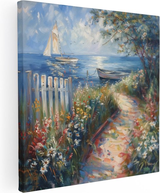 Artaza Canvas Schilderij Kunstwerk van een Pad met Bloemen en een Zeilboot - 90x90 - Groot - Foto Op Canvas - Canvas Print