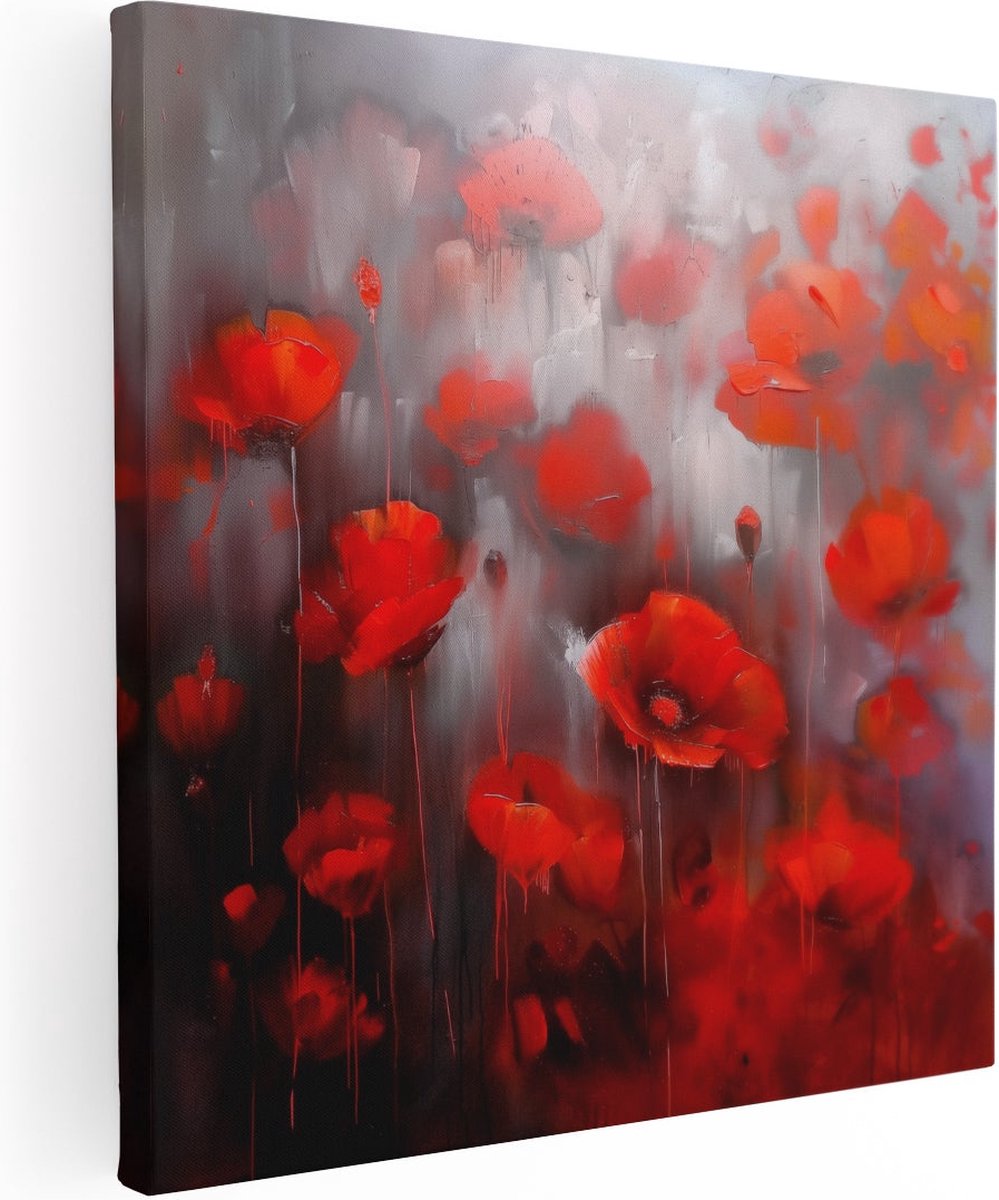 Artaza Canvas Schilderij Kunstwerk van Rode Klaprozen - Bloemen - 70x70 cm - Wanddecoratie Woonkamer - Schilderijen - Muurdecoratie