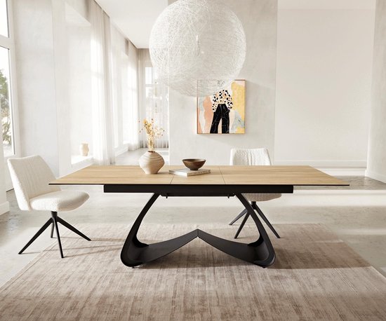 Eetkamertafel Edge keramiek Laminam® Sabbia eiken kleur 180-220x100 W-frame zwart uitschuifbaar