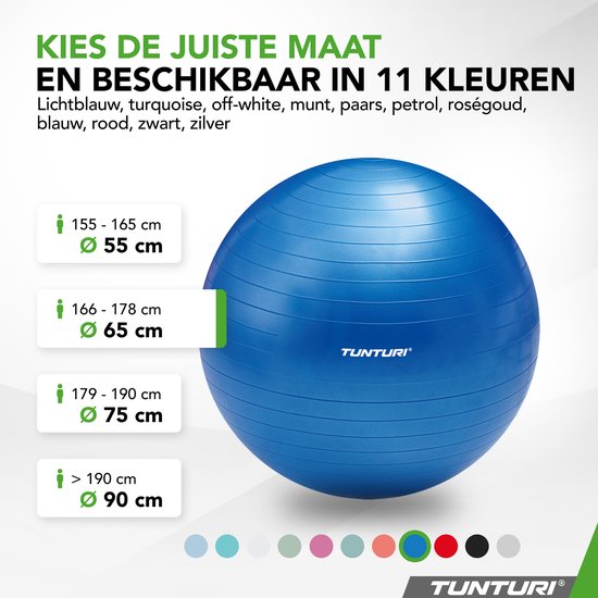 Tunturi Anti Burst Fitness bal met Pomp - Yoga bal 65 cm - Pilates bal - Zwangerschapsbal – 220 kg gebruikersgewicht - Incl Trainingsapp – Blauw